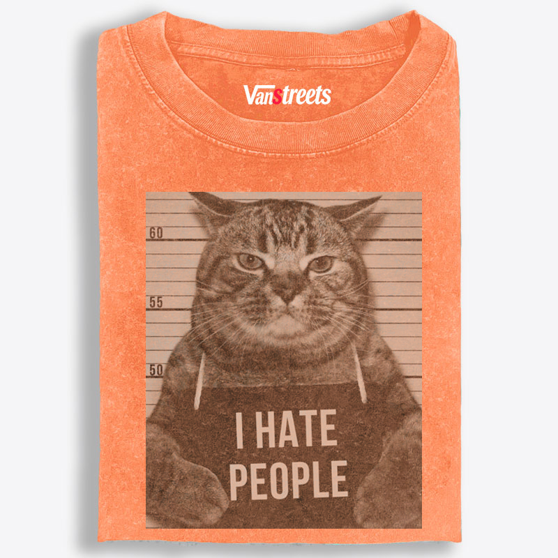 Cat Mugshot "I HATE PEOPLE" Meme Retro Washed T-Shirt | 100% Cotton | Streetwear Essential