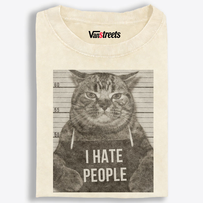 Cat Mugshot "I HATE PEOPLE" Meme Retro Washed T-Shirt | 100% Cotton | Streetwear Essential