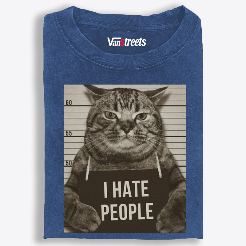 Cat Mugshot "I HATE PEOPLE" Meme Retro Washed T-Shirt | 100% Cotton | Streetwear Essential
