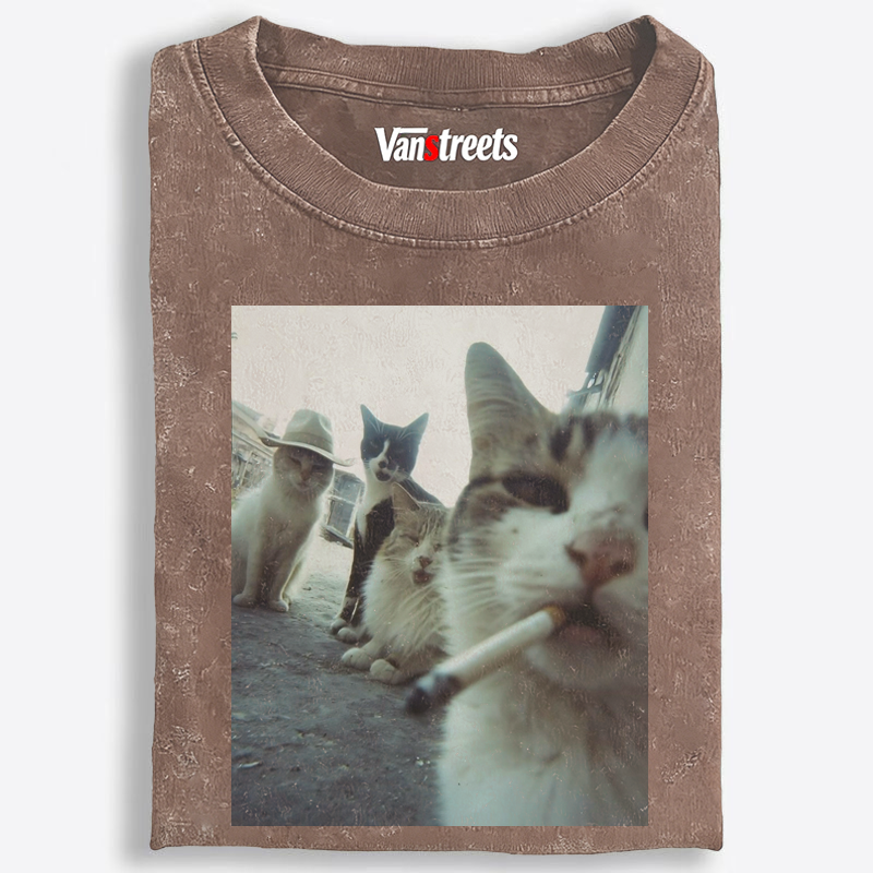 Cigarette Cat Crew Retro Washed T-Shirt | 100% Cotton | Streetwear Essential
