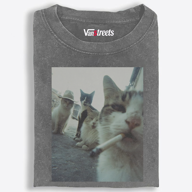 Cigarette Cat Crew Retro Washed T-Shirt | 100% Cotton | Streetwear Essential