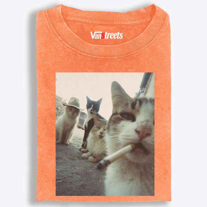 Cigarette Cat Crew Retro Washed T-Shirt | 100% Cotton | Streetwear Essential