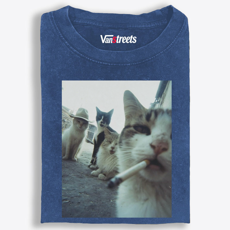 Cigarette Cat Crew Retro Washed T-Shirt | 100% Cotton | Streetwear Essential