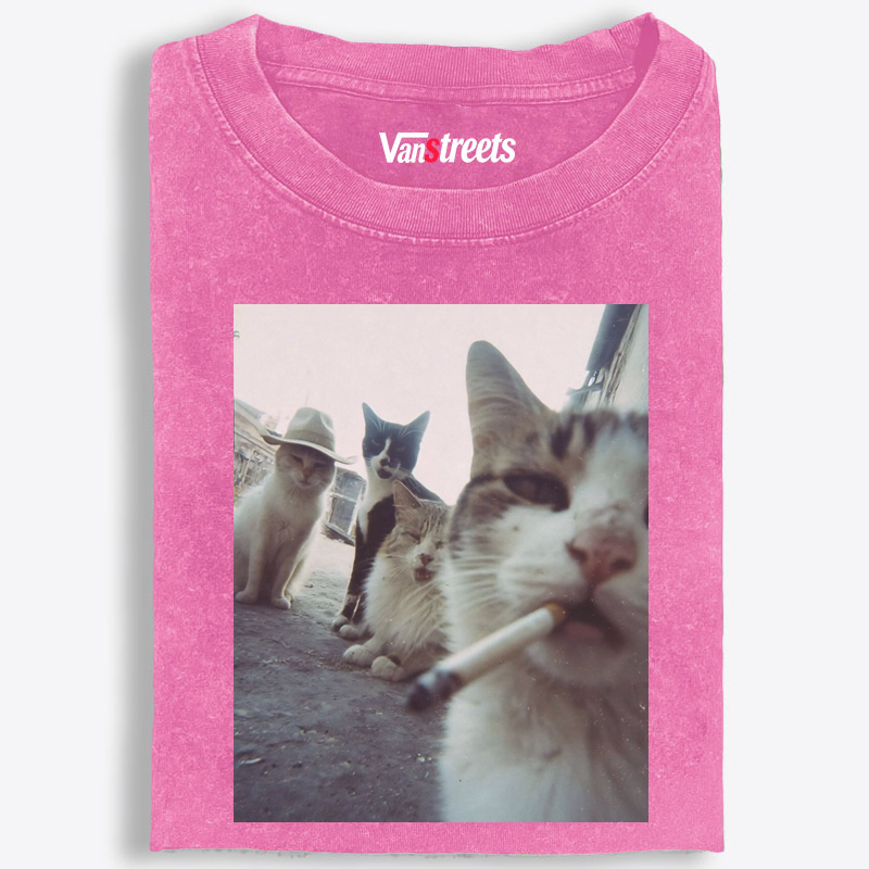 Cigarette Cat Crew Retro Washed T-Shirt | 100% Cotton | Streetwear Essential