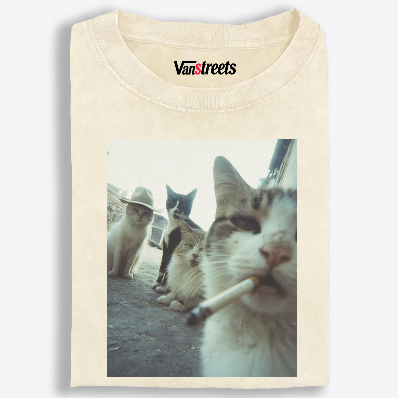 Cigarette Cat Crew Retro Washed T-Shirt | 100% Cotton | Streetwear Essential