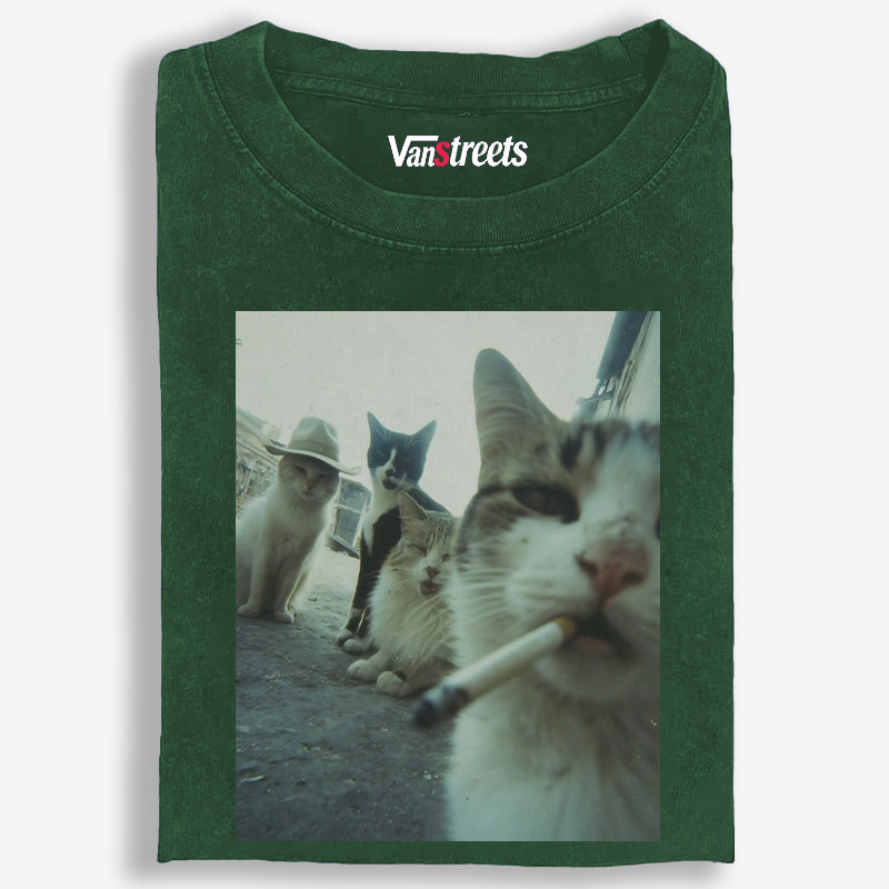Cigarette Cat Crew Retro Washed T-Shirt | 100% Cotton | Streetwear Essential