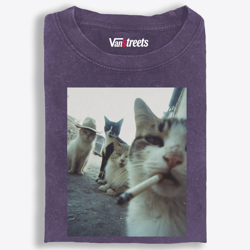 Cigarette Cat Crew Retro Washed T-Shirt | 100% Cotton | Streetwear Essential