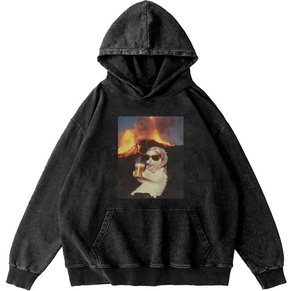 Volcano Coffee Cat Meme Retro Washed Hoodie