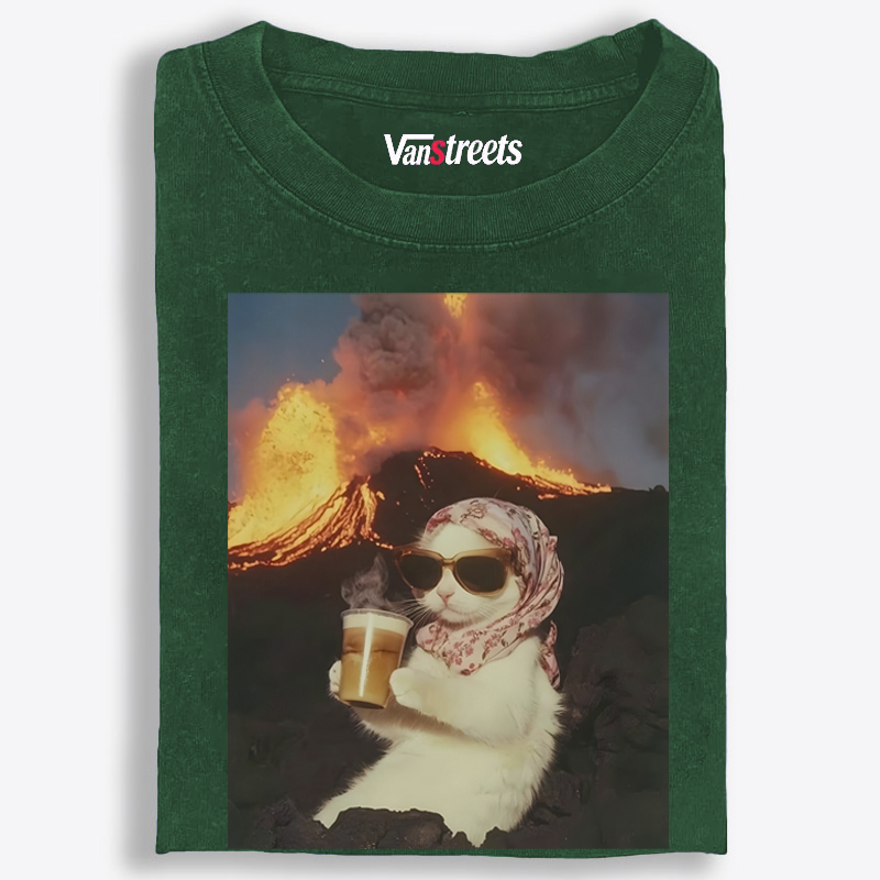 Volcano Coffee Cat Meme Retro Washed T-Shirt | 100% Cotton | Streetwear Essential