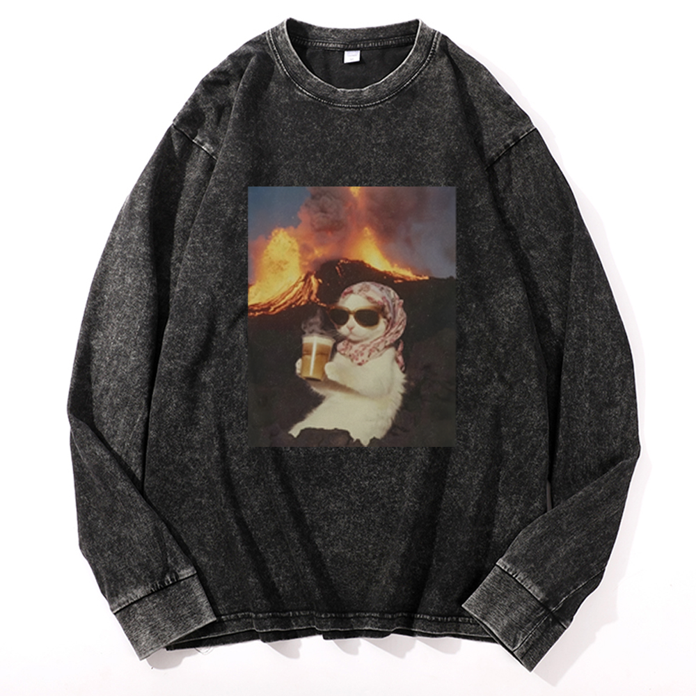 Volcano Coffee Cat Meme Retro Washed Long Sleeve T-Shirt