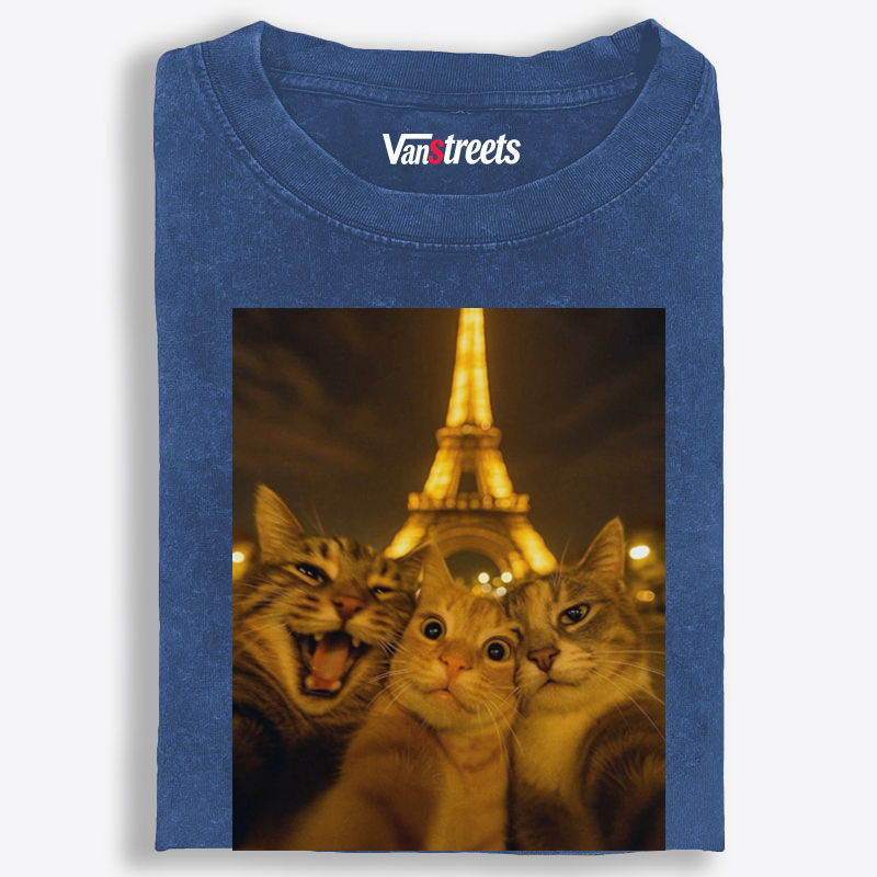 Cats at Eiffel Tower Selfie Cats at Eiffel Tower Selfie Retro Washed T-Shirt | 100% Cotton | Streetwear Essential
