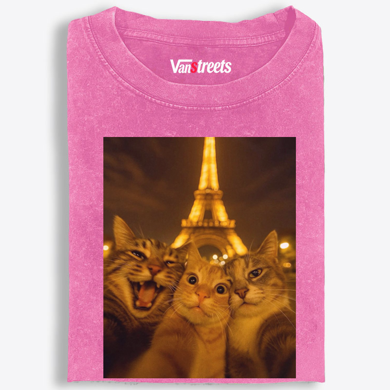 Cats at Eiffel Tower Selfie Cats at Eiffel Tower Selfie Retro Washed T-Shirt | 100% Cotton | Streetwear Essential