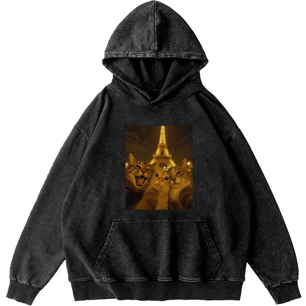 Cats at Eiffel Tower Selfie Cats at Eiffel Tower Selfie Retro Washed Hoodie