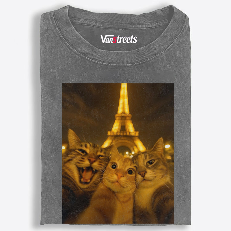 Cats at Eiffel Tower Selfie Cats at Eiffel Tower Selfie Retro Washed T-Shirt | 100% Cotton | Streetwear Essential