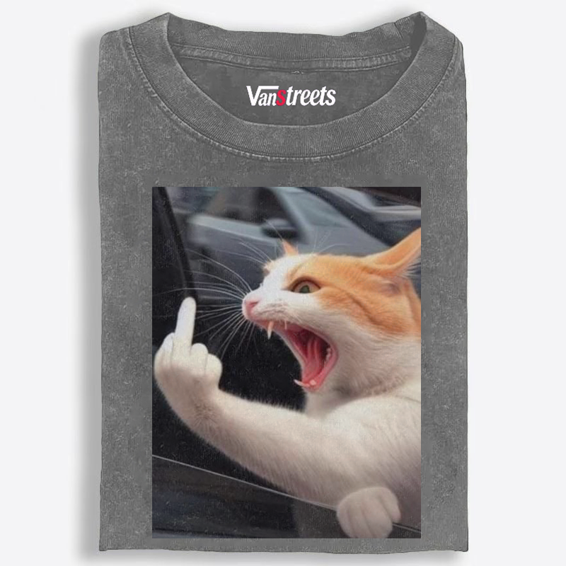 Middle Finger Cat Meme Retro Washed T-Shirt | 100% Cotton | Streetwear Essential