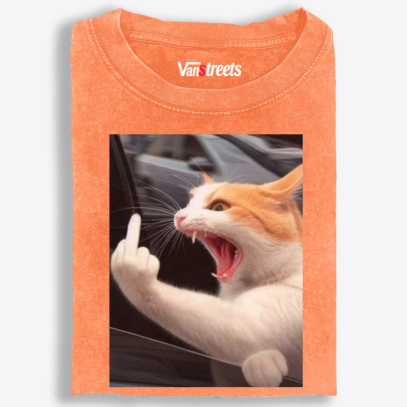 Middle Finger Cat Meme Retro Washed T-Shirt | 100% Cotton | Streetwear Essential