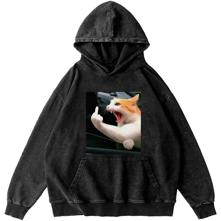Middle Finger Cat Meme Retro Washed Hoodie