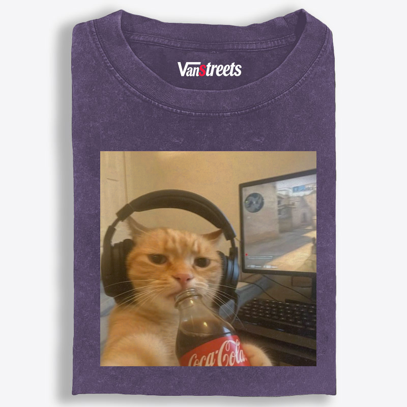 Gaming Cat with Coca-Cola Retro Washed T-Shirt | 100% Cotton | Streetwear Essential