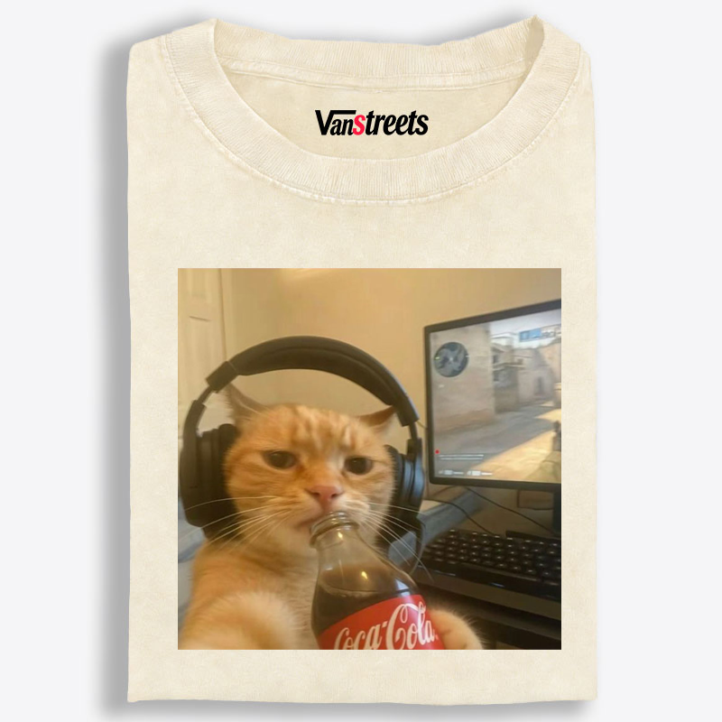 Gaming Cat with Coca-Cola Retro Washed T-Shirt | 100% Cotton | Streetwear Essential