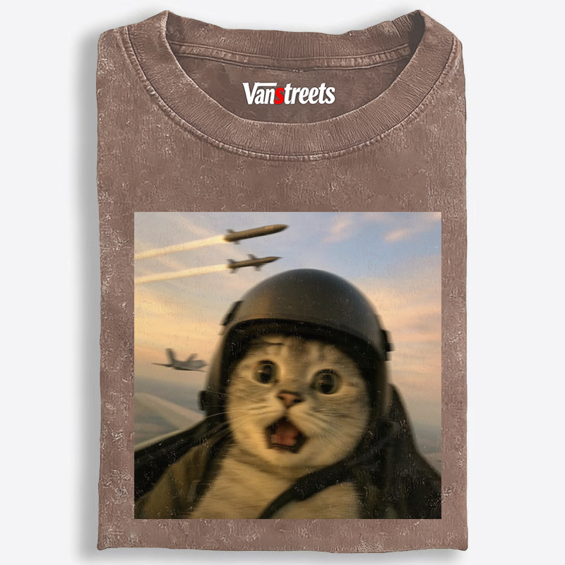 Fighter Jet Cat Pilot Meme Retro Washed T-Shirt | 100% Cotton | Streetwear Essential