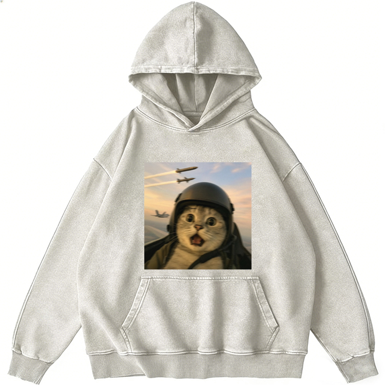 Fighter Jet Cat Pilot Meme Retro Washed Hoodie