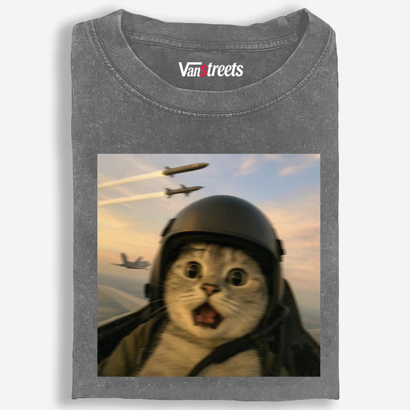 Fighter Jet Cat Pilot Meme Retro Washed T-Shirt | 100% Cotton | Streetwear Essential