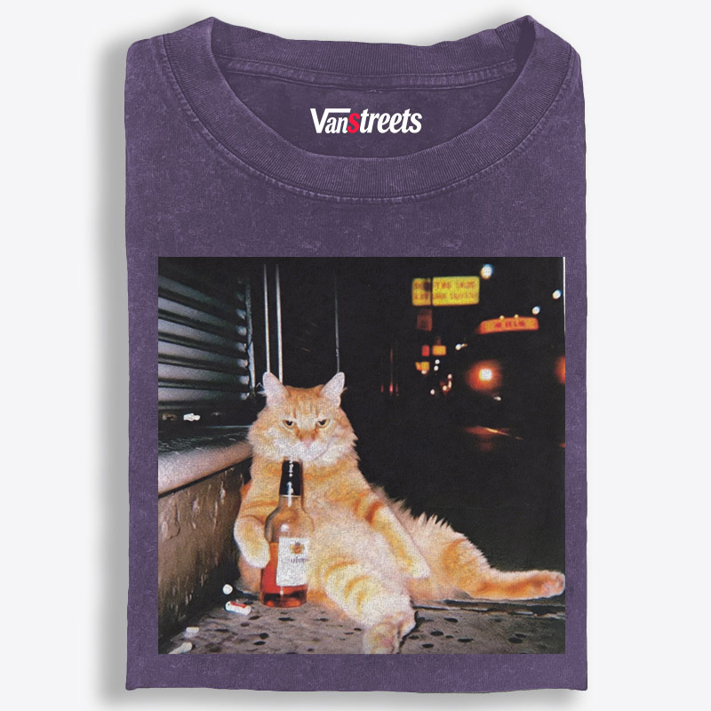 Street Drunk Cat Meme Retro Washed T-Shirt | 100% Cotton | Streetwear Essential