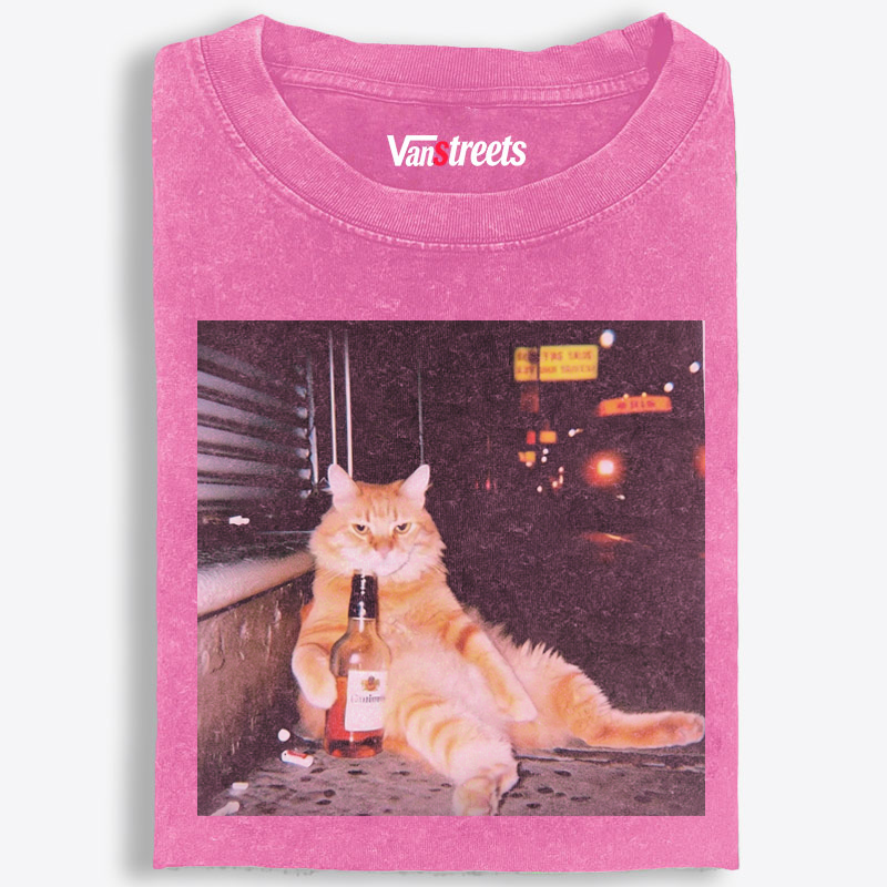 Street Drunk Cat Meme Retro Washed T-Shirt | 100% Cotton | Streetwear Essential