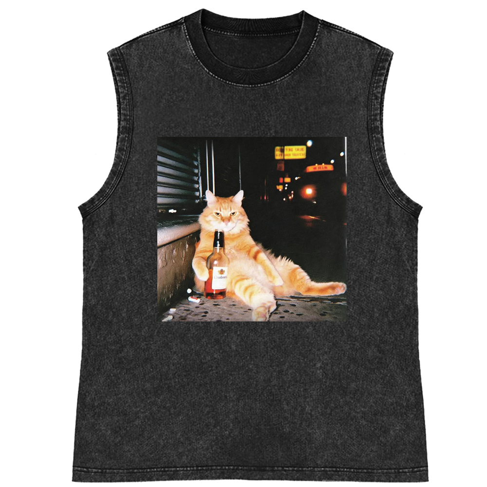 Street Drunk Cat Meme Retro Washed Tank Top