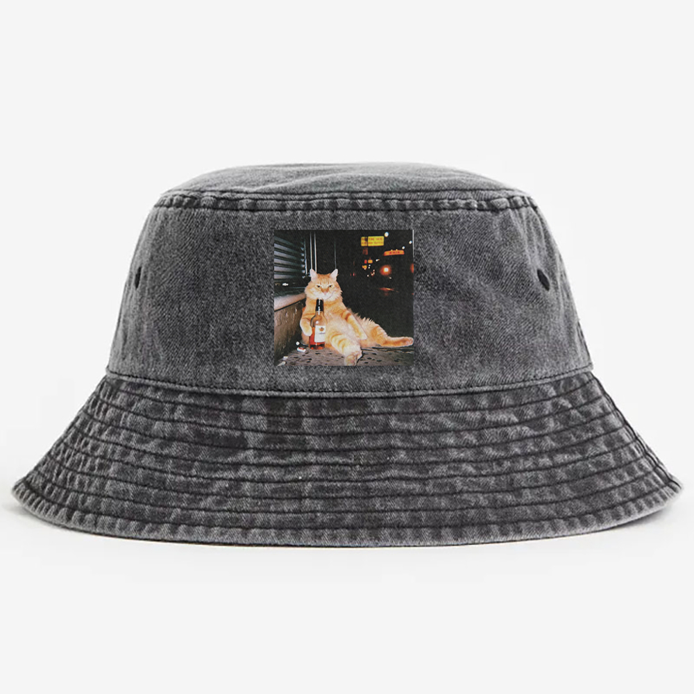 Street Drunk Cat Meme Retro Vintage Washed Bucket Hat