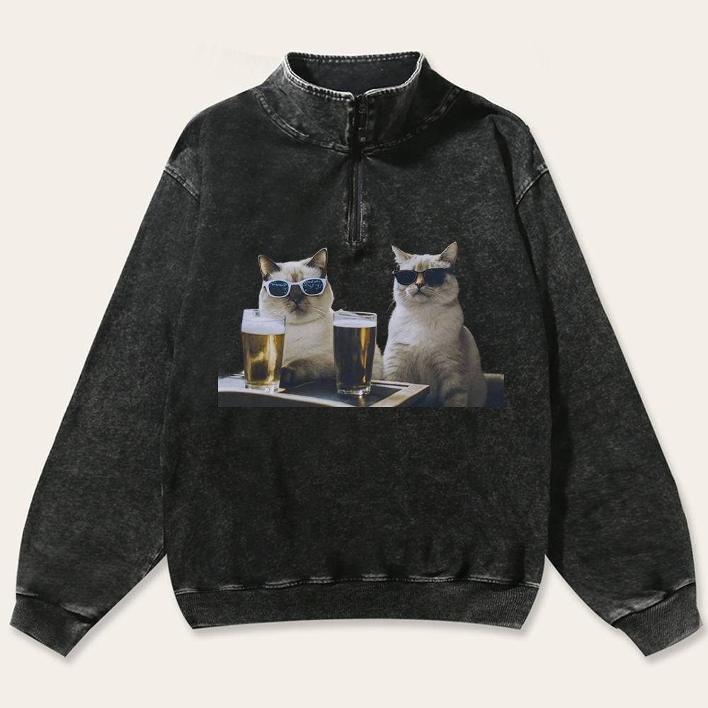 Cats at Bar with Beer Retro Washed Zip-Up Mock Neck Sweatshirt