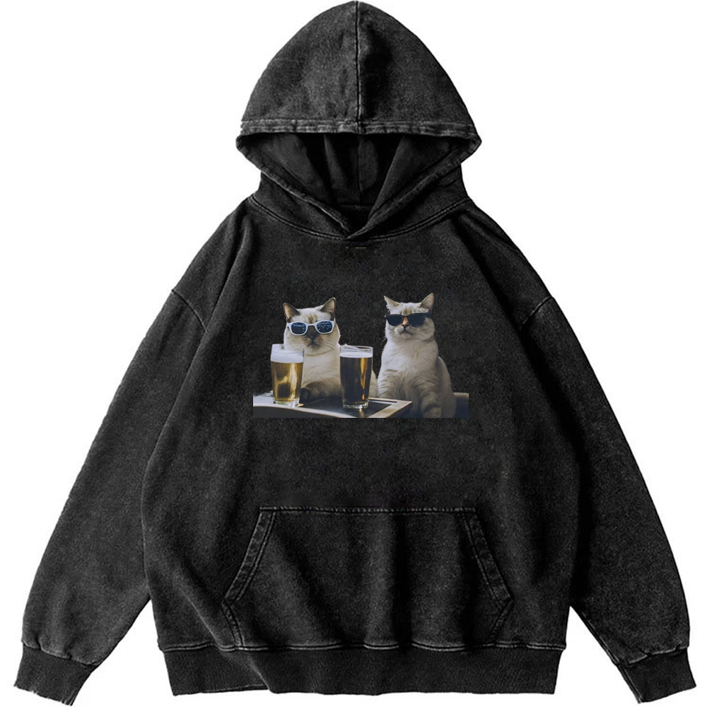 Cats at Bar with Beer Retro Washed Hoodie