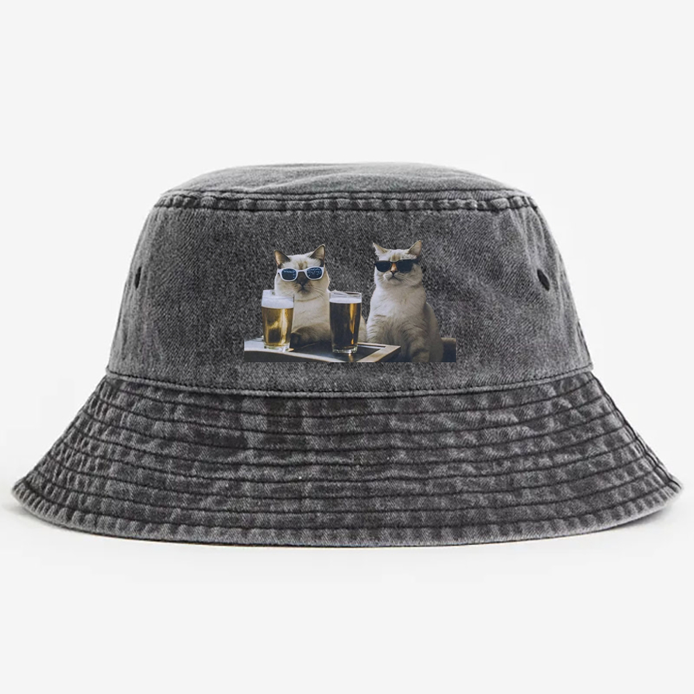 Cats at Bar with Beer Retro Vintage Washed Bucket Hat