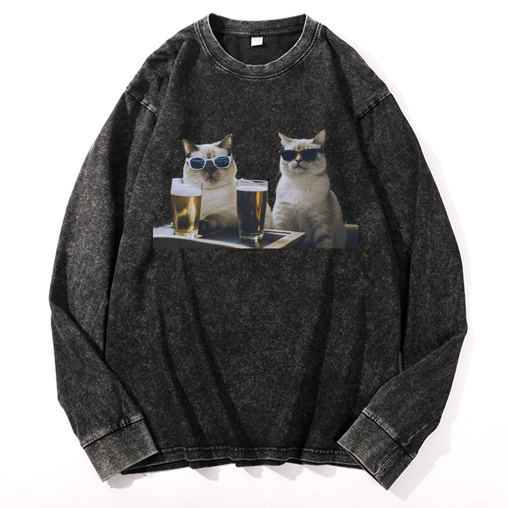 Cats at Bar with Beer Retro Washed Long Sleeve T-Shirt