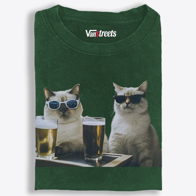 Cats at Bar with Beer Retro Washed T-Shirt | 100% Cotton | Streetwear Essential