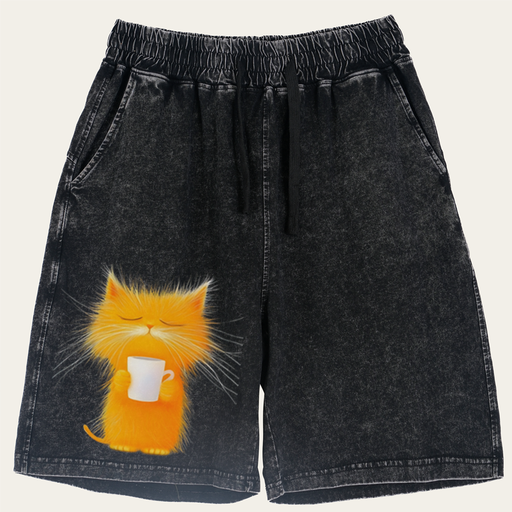 Fluffy Orange Cat with Coffee Retro Washed Shorts