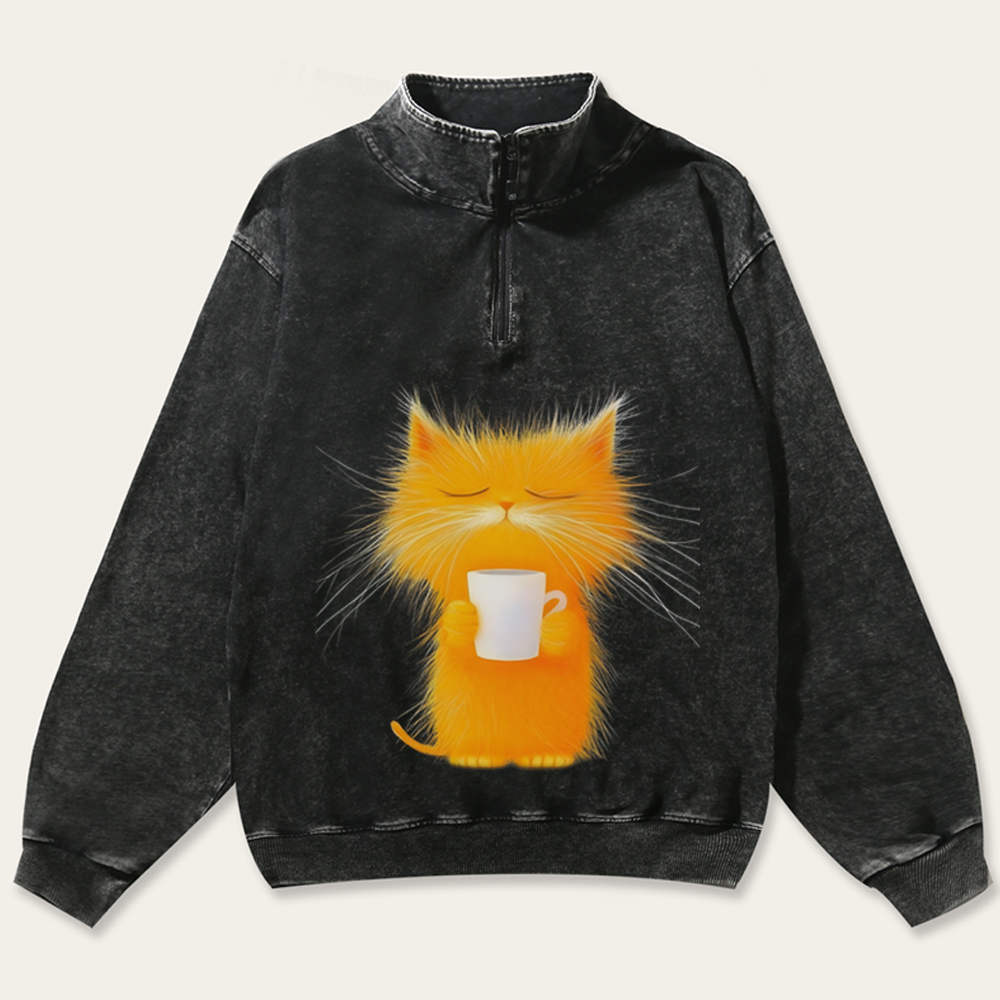 Fluffy Orange Cat with Coffee Retro Washed Zip-Up Mock Neck Sweatshirt