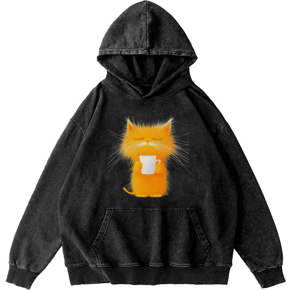 Fluffy Orange Cat with Coffee Retro Washed Hoodie