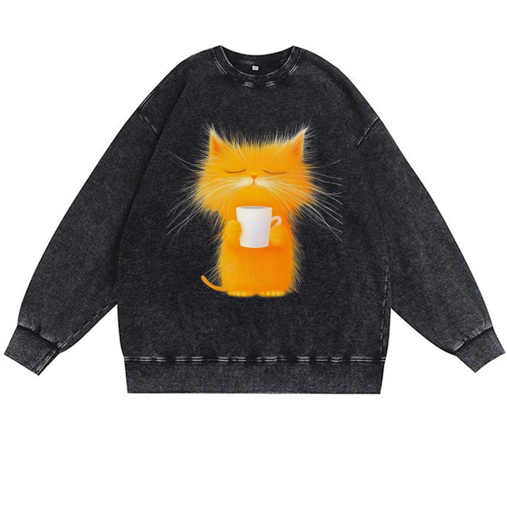 Fluffy Orange Cat with Coffee Retro Premium Washed Cotton Crewneck Sweatshirt