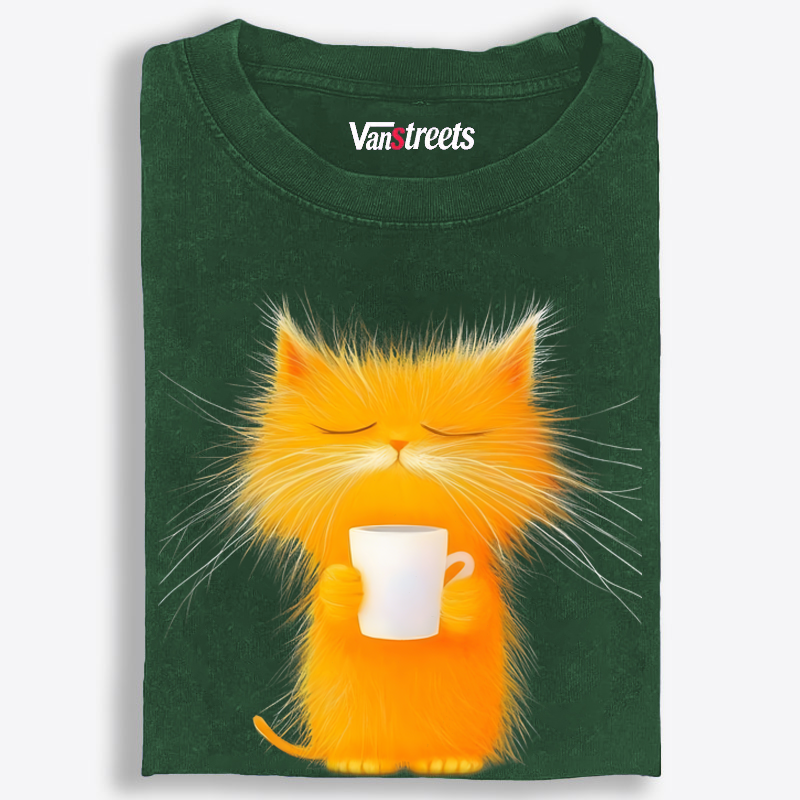 Fluffy Orange Cat with Coffee Retro Washed T-Shirt | 100% Cotton | Streetwear Essential