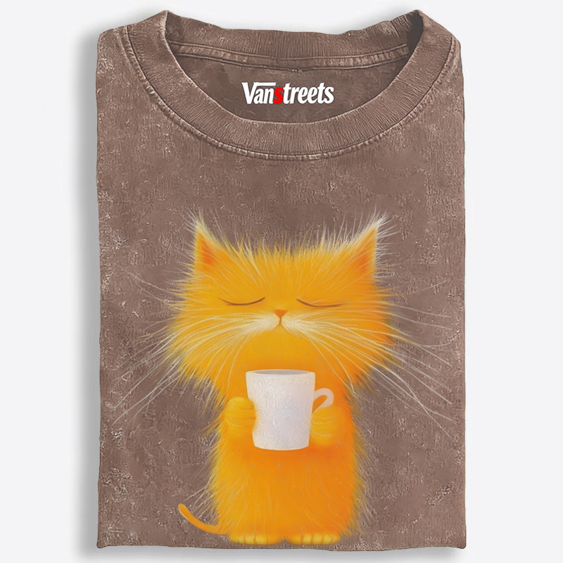 Fluffy Orange Cat with Coffee Retro Washed T-Shirt | 100% Cotton | Streetwear Essential
