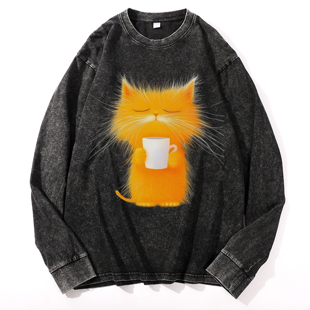 Fluffy Orange Cat with Coffee Retro Washed Long Sleeve T-Shirt