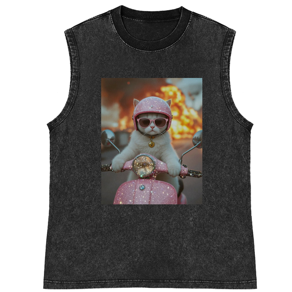 Pink Scooter Cat & Explosion Meme Retro Washed Tank Top