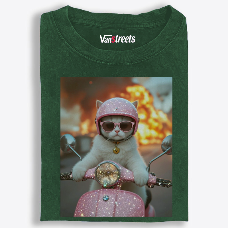 Pink Scooter Cat & Explosion Meme Retro Washed T-Shirt | 100% Cotton | Streetwear Essential