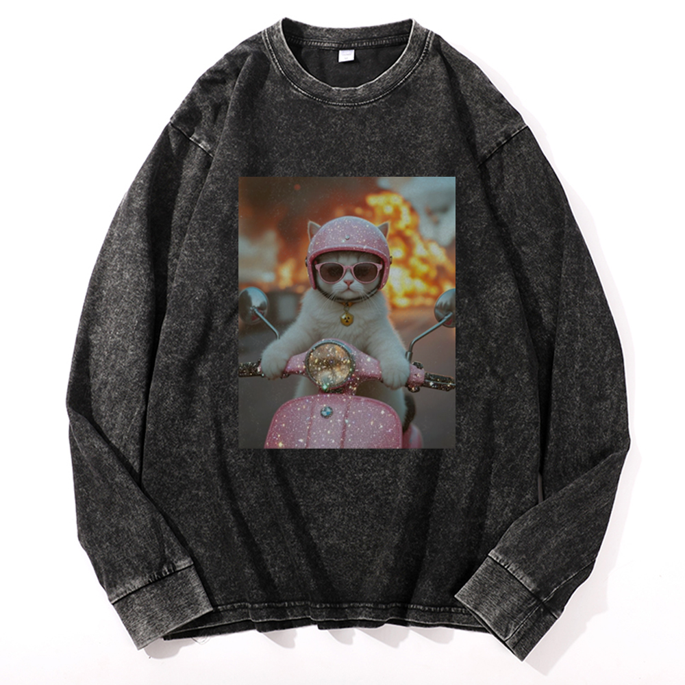 Pink Scooter Cat & Explosion Meme Retro Washed Long Sleeve T-Shirt