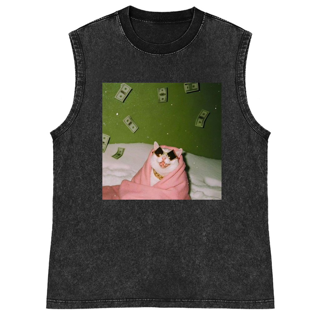 Rich Cat with Money Retro Washed Tank Top