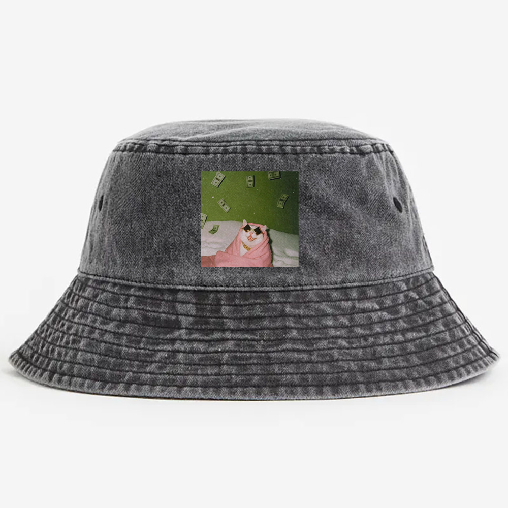 Rich Cat with Money Retro Vintage Washed Bucket Hat