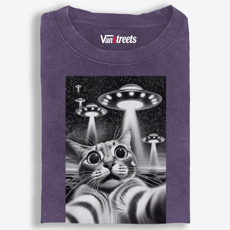 Cat Selfie with UFOs Sci-Fi Retro Washed T-Shirt | 100% Cotton | Streetwear Essential