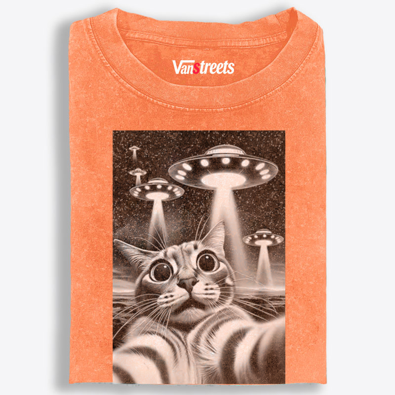 Cat Selfie with UFOs Sci-Fi Retro Washed T-Shirt | 100% Cotton | Streetwear Essential