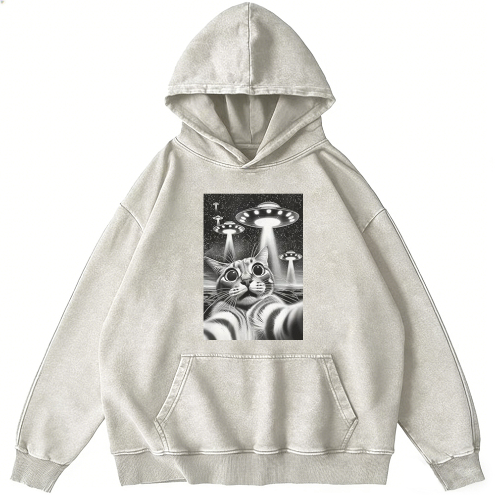 Cat Selfie with UFOs Sci-Fi Retro Washed Hoodie